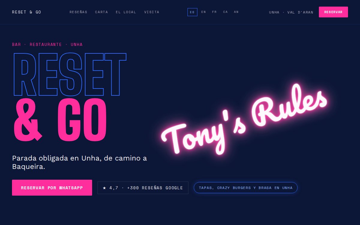 Website for Reset & Go, a bar-restaurant in Unha, designed by Klaros